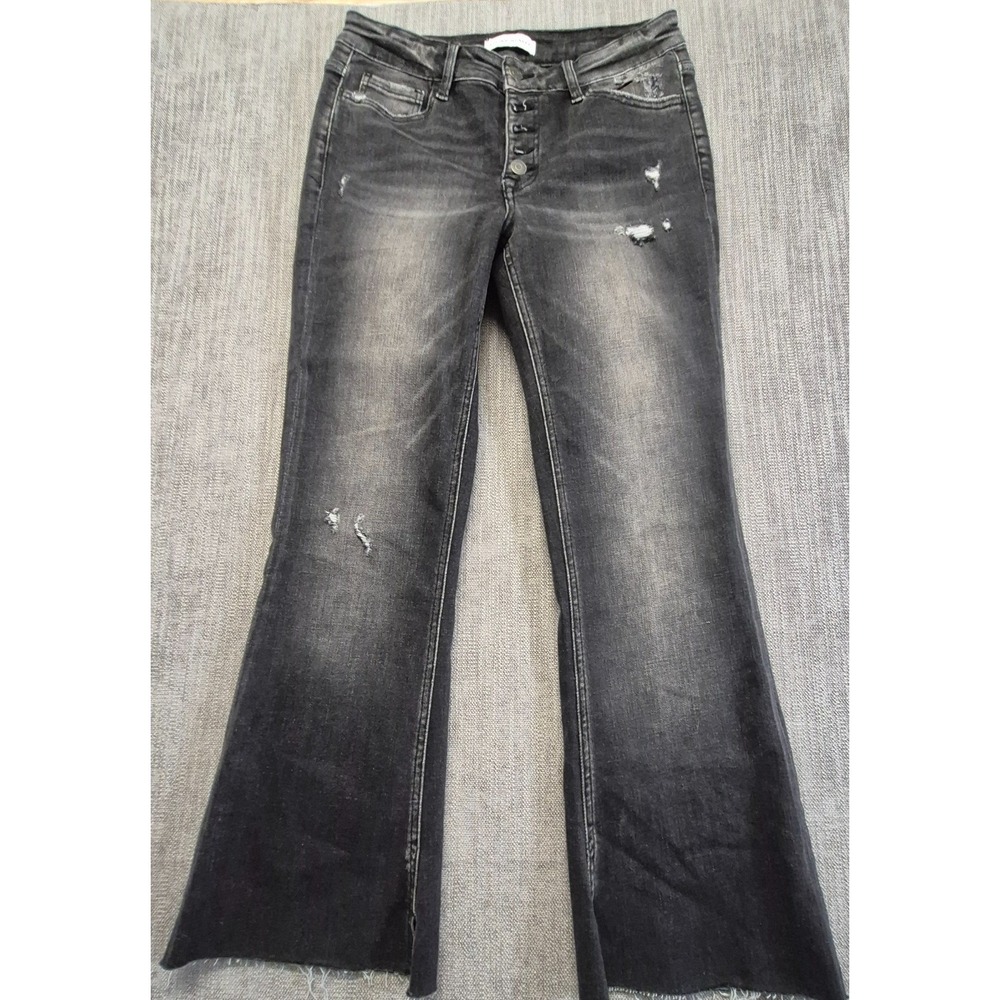 Flying Monkey Women's Mid Rise Flare Denim Jeans 29 Distressed Raw Hem Gray Wash